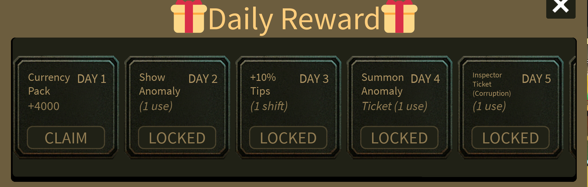 Daily Reward screen showing five-day rewards